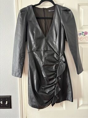 Zara Faux Leather Black V-Neck Ruffle Wrap  Cocktail Dress Size XS
